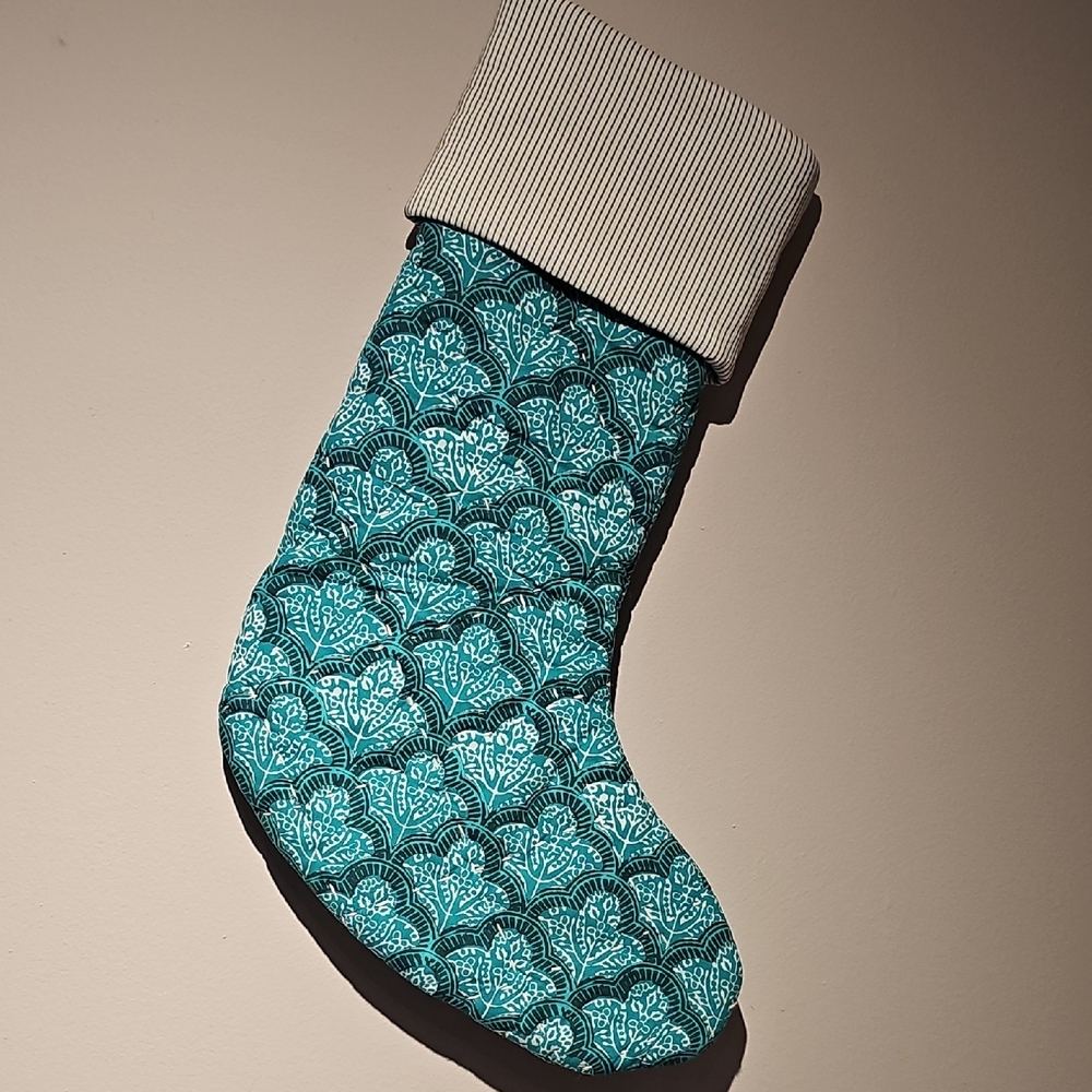 Roller Rabbit Teal Patterned Christmas Stocking